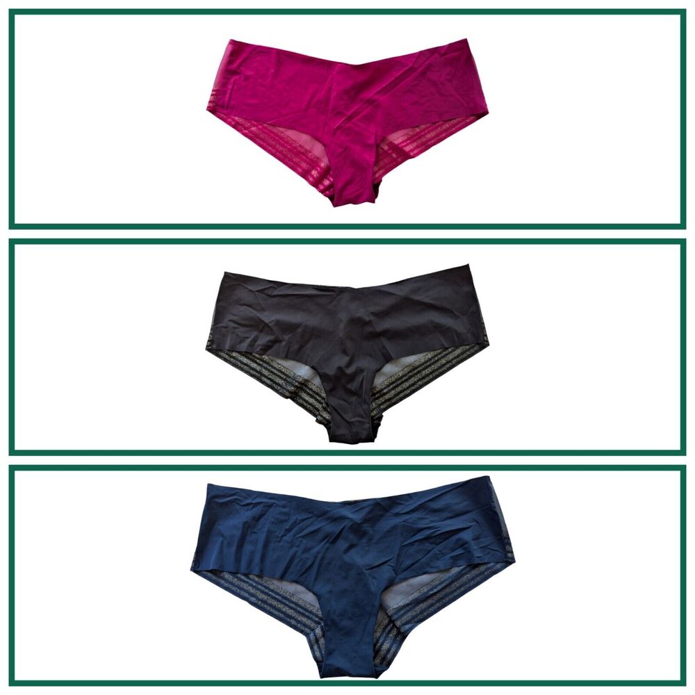 NWT Victoria's Secret Sz XXL Pink Black Blue 3 Cheeky Panties Gold Thread Sexy